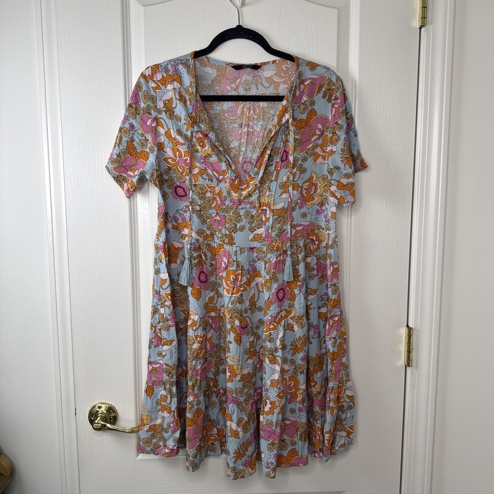 Dokotoo Womens Blue Pink Floral Tiered Dress S Retro 70s Puff Sleeve Boho Mini